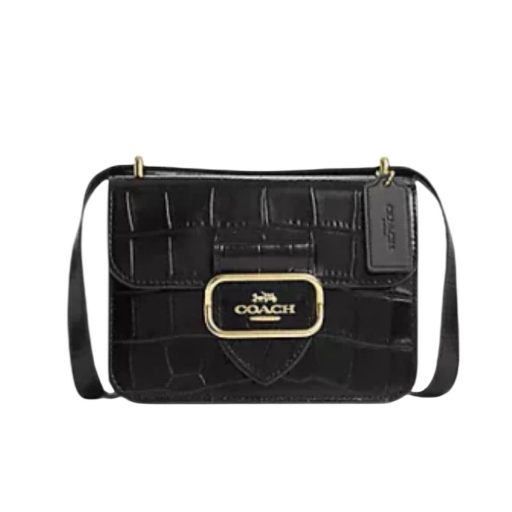 Coach Morgan Square Crossbody Black Croc-Embossed Leather Gold Logo CN313 - Picture 1 of 8